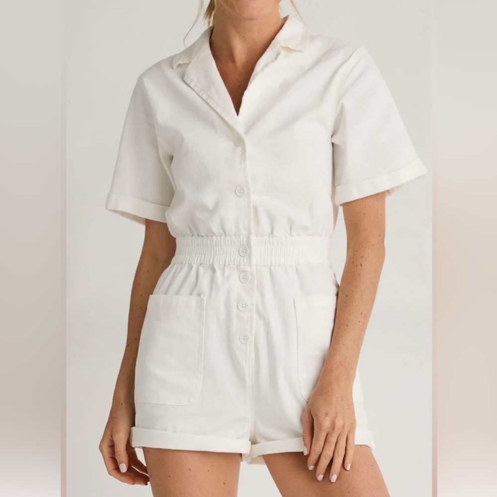 White Short Sleeve Button-Up Romper
